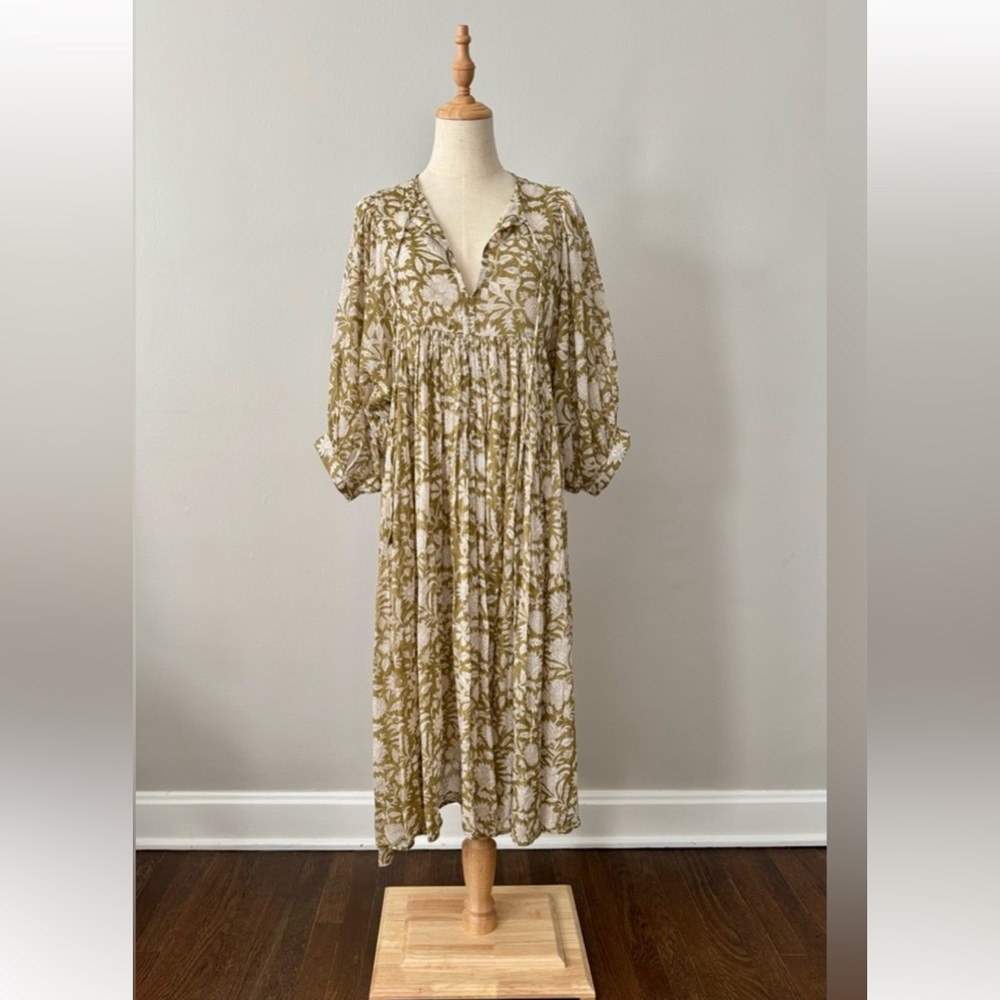 Daughters of India, Kyra Olive Floral Midi Ruffled Wrap Dress